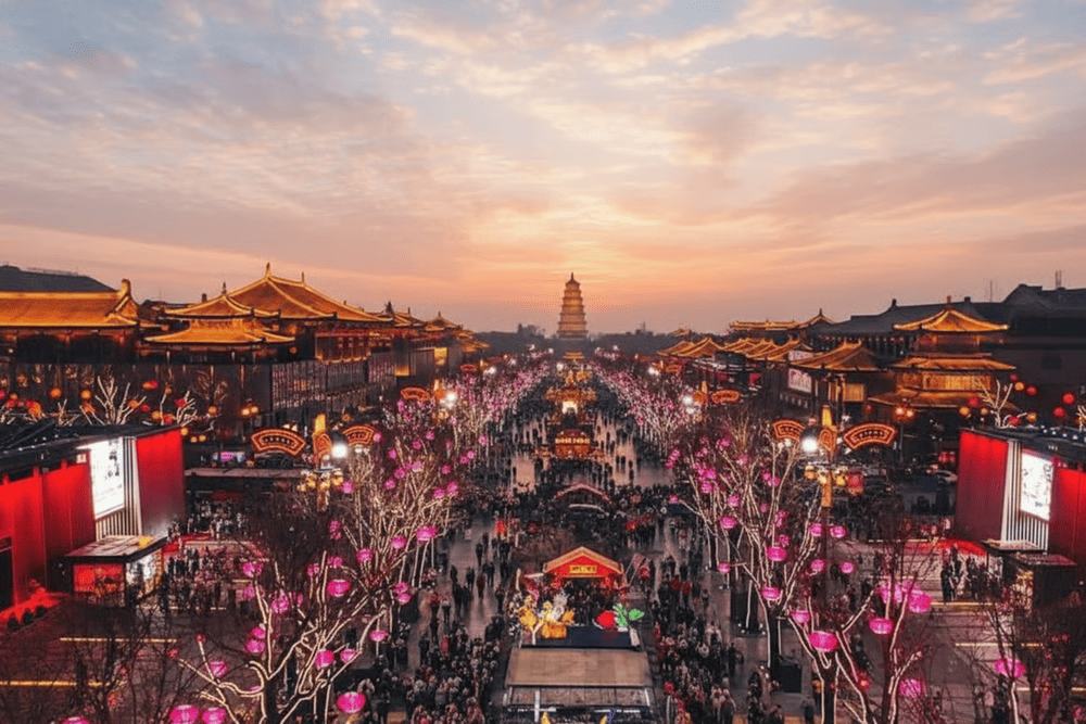The vibrant night life at Grand Tang Mall with many activities like shopping, walking and watching traditional performances (Source: Internet)